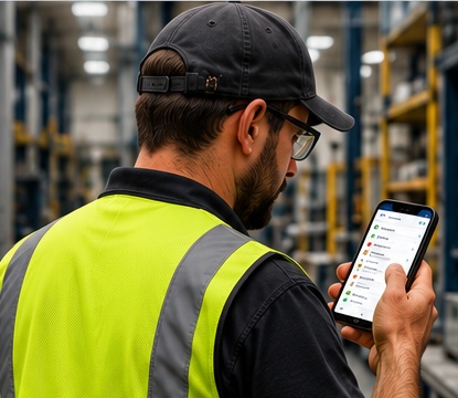 Field service technician using a phone in a warehouse
